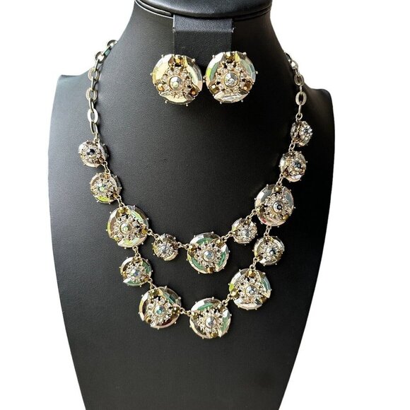 Vintage‎ Statement Necklace 22" w Match Earrings Flower Design Clear Rhinestones - Picture 2 of 11